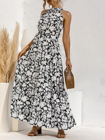 Woochic robe longue imprimé à fleurie licou sans manches élégant de plage Noir S